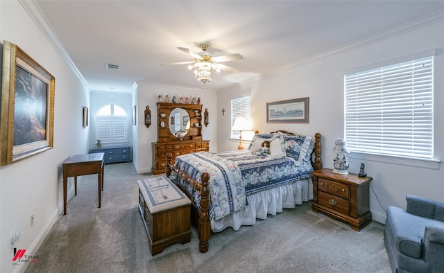 520 Canterbury Ln, Bossier City, LA 71111 - bedroom with carpet floors, ornamental molding, baseboards, and ceiling fan