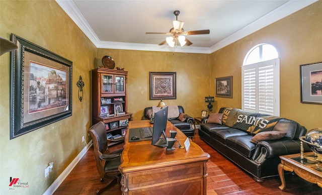520 Canterbury Ln, Bossier City, LA 71111 - office with dark wood-style floors, a ceiling fan, and ornamental molding