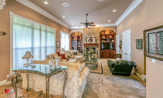 520 Canterbury Ln, Bossier City, LA 71111 - carpeted living area featuring built in features, baseboards, ceiling fan, a fireplace, and recessed lighting