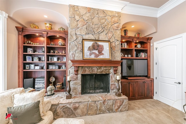 520 Canterbury Ln, Bossier City, LA 71111 - living area with crown molding, light colored carpet, and a stone fireplace