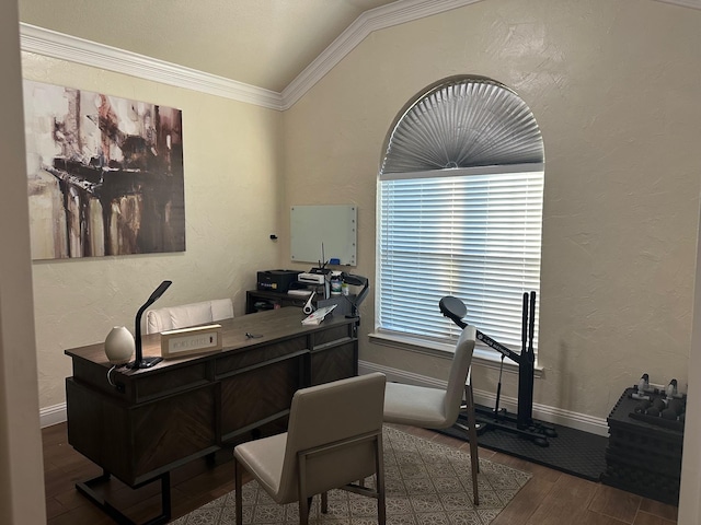 749 Ranch Rd, Fort Worth, TX 76131 - office with wood finished floors, a textured wall, crown molding, and lofted ceiling