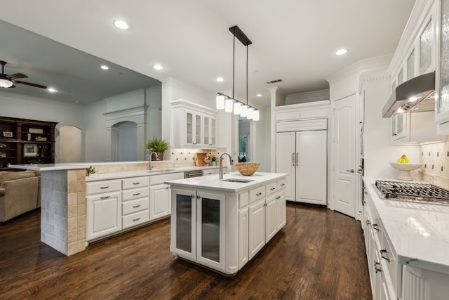 1850 Hammerly Dr, Fairview, TX 75069 - kitchen with a sink, open floor plan, stainless steel gas stovetop, tasteful backsplash, and recessed lighting