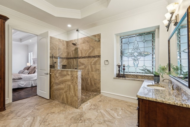 1850 Hammerly Dr, Fairview, TX 75069 - ensuite bathroom with crown molding, vanity, a walk in shower, a raised ceiling, and marble finish flooring