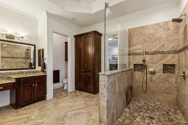 1850 Hammerly Dr, Fairview, TX 75069 - bathroom featuring a walk in shower, vanity, toilet, and ornamental molding