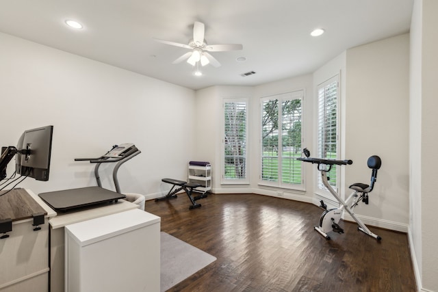 1850 Hammerly Dr, Fairview, TX 75069 - workout area with a ceiling fan, dark wood-type flooring, baseboards, and recessed lighting