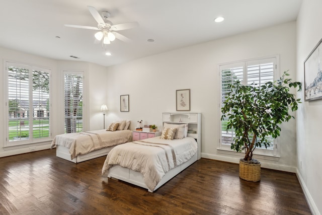 1850 Hammerly Dr, Fairview, TX 75069 - bedroom featuring dark wood-style floors, recessed lighting, baseboards, and a ceiling fan