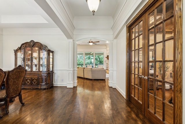 1850 Hammerly Dr, Fairview, TX 75069 - entryway featuring wood finished floors, ornate columns, arched walkways, french doors, and a ceiling fan