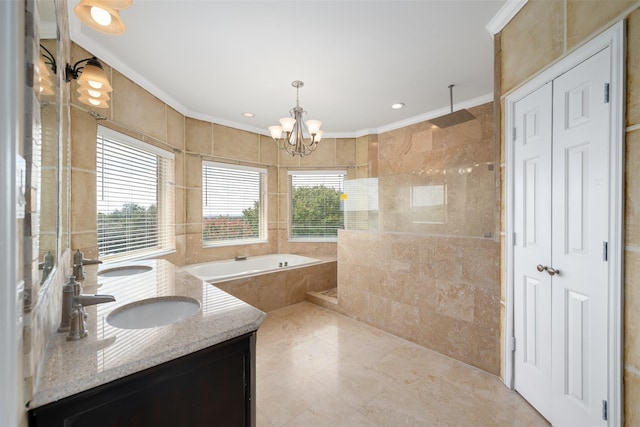 9120 Nob Hill Dr, North Richland Hills, TX 76182 - full bath featuring ornamental molding, a bath, plenty of natural light, double vanity, and a chandelier