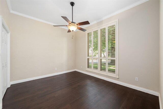 9120 Nob Hill Dr, North Richland Hills, TX 76182 - empty room with dark wood finished floors, baseboards, a ceiling fan, and crown molding