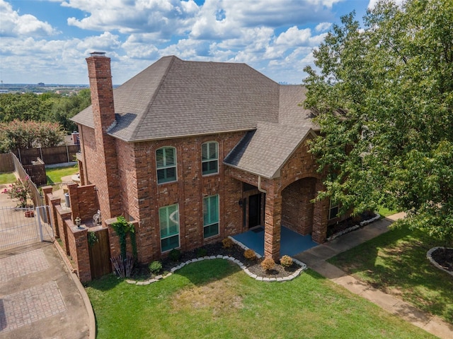 9120 Nob Hill Dr, North Richland Hills, TX 76182 - view of front facade featuring a chimney, a gate, roof with shingles, and brick siding