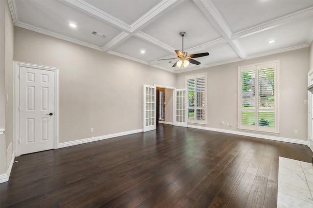 9120 Nob Hill Dr, North Richland Hills, TX 76182 - spare room featuring a ceiling fan, dark wood finished floors, coffered ceiling, french doors, and baseboards
