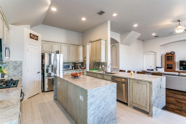 6004 Grand Meadow Ln, Flower Mound, TX 75028 - kitchen with stainless steel appliances, arched walkways, open floor plan, a sink, and ceiling fan
