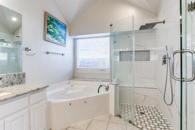 6004 Grand Meadow Ln, Flower Mound, TX 75028 - bathroom featuring a bath, vaulted ceiling, vanity, a marble finish shower, and tile patterned floors