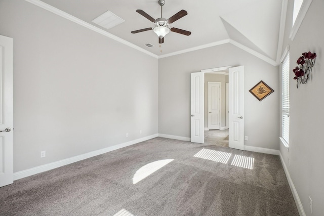 16001 Gladewater Ter, Prosper, TX 75078 - unfurnished bedroom with carpet flooring, baseboards, ornamental molding, a ceiling fan, and lofted ceiling
