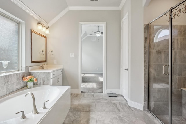 16001 Gladewater Ter, Prosper, TX 75078 - bathroom with a bath, vanity, a shower stall, a ceiling fan, and ornamental molding