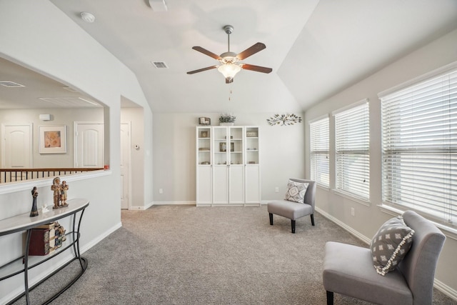 16001 Gladewater Ter, Prosper, TX 75078 - living area featuring ceiling fan, lofted ceiling, carpet flooring, and baseboards