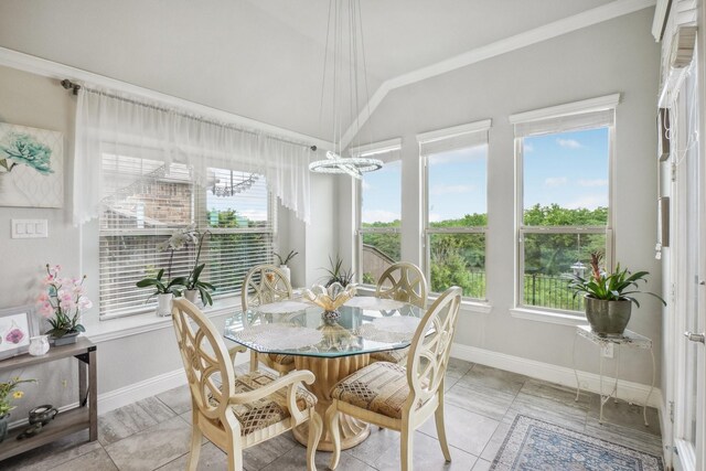 16001 Gladewater Ter, Prosper, TX 75078 - dining room with baseboards, vaulted ceiling, crown molding, and a chandelier