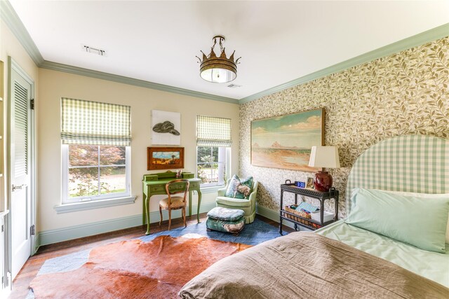 4407 Ridge Rd, Dallas, TX 75229 - bedroom featuring ornamental molding, baseboards, wood finished floors, and wallpapered walls