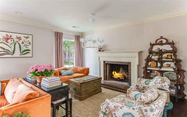 4407 Ridge Rd, Dallas, TX 75229 - living area featuring a fireplace, ornamental molding, and wood finished floors