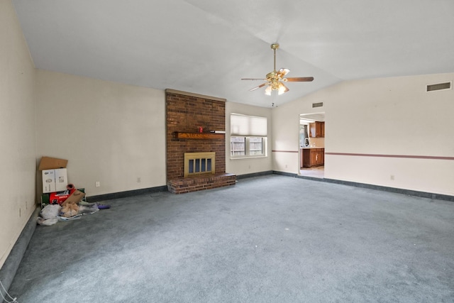 4006 Fletcher Dr, Garland, TX 75044 - unfurnished living room featuring vaulted ceiling, ceiling fan, carpet flooring, a brick fireplace, and baseboards