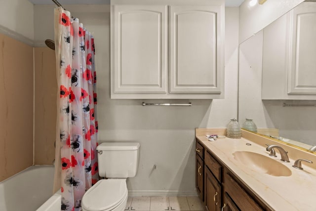 4006 Fletcher Dr, Garland, TX 75044 - full bath with vanity, toilet, baseboards, tile patterned flooring, and shower / bath combo with shower curtain