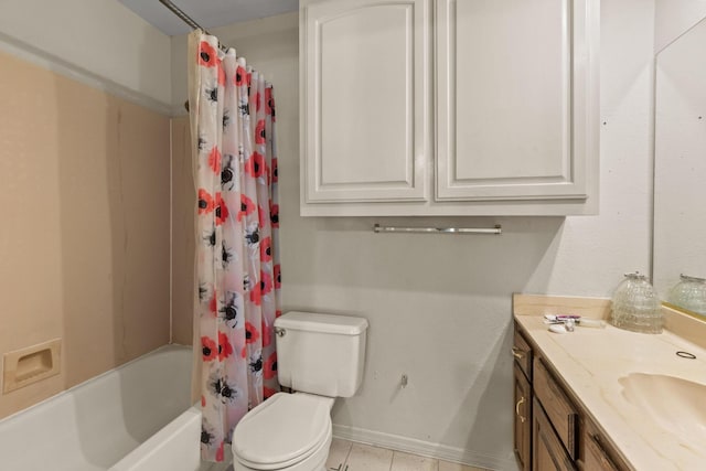 4006 Fletcher Dr, Garland, TX 75044 - full bathroom with vanity, toilet, shower / tub combo with curtain, tile patterned flooring, and baseboards