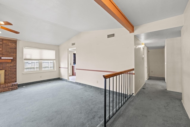 4006 Fletcher Dr, Garland, TX 75044 - unfurnished living room featuring carpet floors, a ceiling fan, a brick fireplace, and baseboards