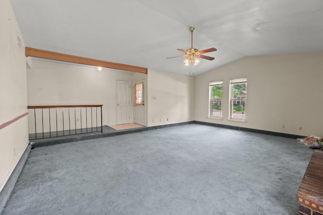 4006 Fletcher Dr, Garland, TX 75044 - unfurnished living room featuring a ceiling fan, lofted ceiling, and baseboards
