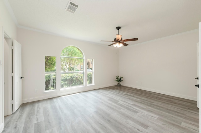 811 Chittamwood Ln, Allen, TX 75002 - empty room with crown molding, ceiling fan, light wood-style flooring, and baseboards