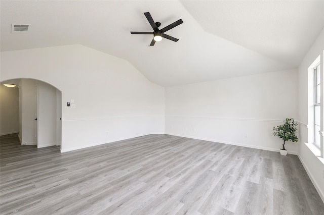 811 Chittamwood Ln, Allen, TX 75002 - bonus room with arched walkways, vaulted ceiling, a ceiling fan, wood finished floors, and baseboards