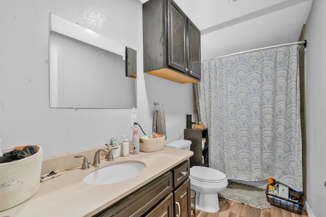 5340 Bourquin St, Dallas, TX 75210 - bathroom with toilet, vanity, wood finished floors, and curtained shower