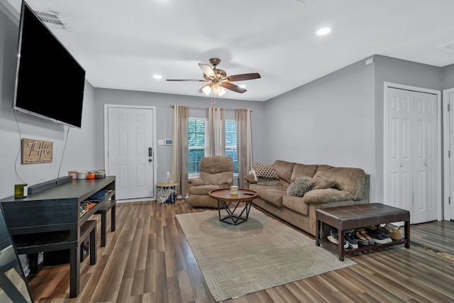5340 Bourquin St, Dallas, TX 75210 - living room with a ceiling fan, wood finished floors, and recessed lighting