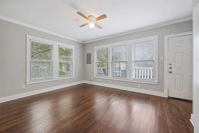4742 Victor St, Dallas, TX 75246 - spare room with a ceiling fan, crown molding, baseboards, dark wood-style flooring, and electric panel