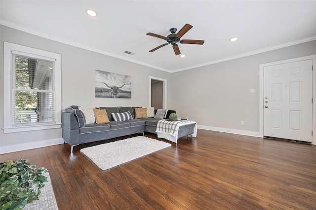 4742 Victor St, Dallas, TX 75246 - living area with baseboards, ceiling fan, wood finished floors, crown molding, and recessed lighting