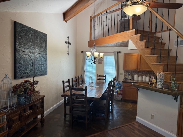 628 Harbor Cir, Azle, TX 76020 - dining area with stairway, baseboards, a chandelier, ceiling fan, and dark wood-style flooring