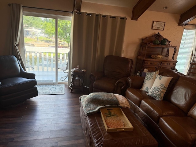 628 Harbor Cir, Azle, TX 76020 - living room with healthy amount of natural light, dark wood-type flooring, and beam ceiling