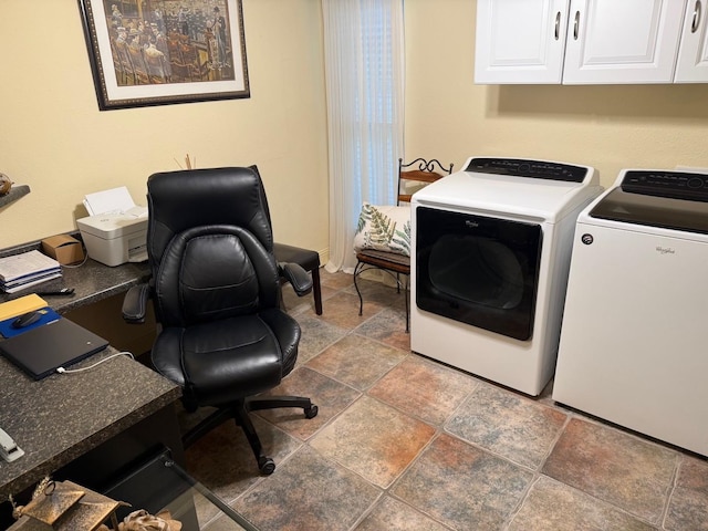 628 Harbor Cir, Azle, TX 76020 - washroom with cabinet space, stone finish flooring, washing machine and dryer, and a desk