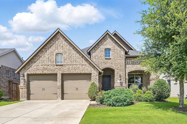 7817 Fossil Creek Trl, Mckinney, TX 75071 - french country home featuring brick siding, concrete driveway, a front yard, and an attached garage
