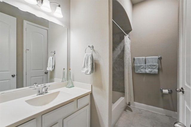 7817 Fossil Creek Trl, Mckinney, TX 75071 - full bath with vanity, baseboards, shower / bath combination with curtain, and marble look tile flooring