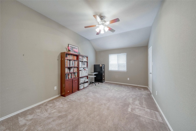7908 Peacock Ln, Frisco, TX 75035 - office featuring a ceiling fan, carpet, lofted ceiling, and baseboards