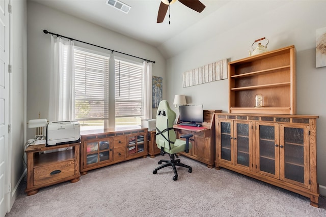 2208 Clancy Dr, Northlake, TX 76247 - home office with ceiling fan, carpet floors, and lofted ceiling