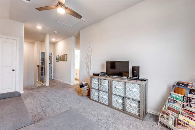 1312 Hutchings Ct, Celina, TX 75009 - living room with attic access, a ceiling fan, carpet, baseboards, and recessed lighting