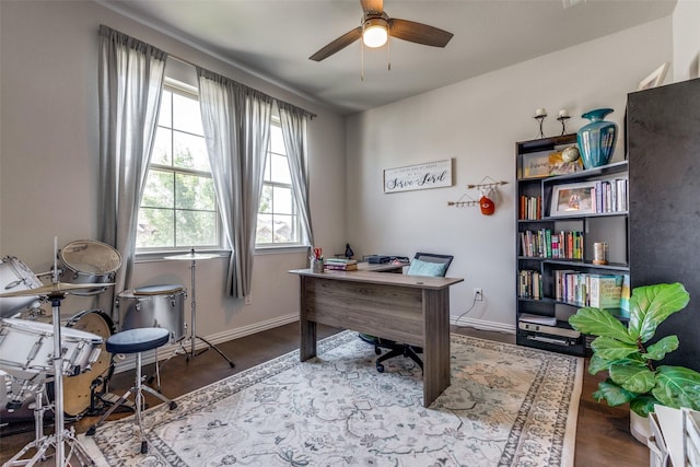 1312 Hutchings Ct, Celina, TX 75009 - office area featuring ceiling fan, wood finished floors, and baseboards