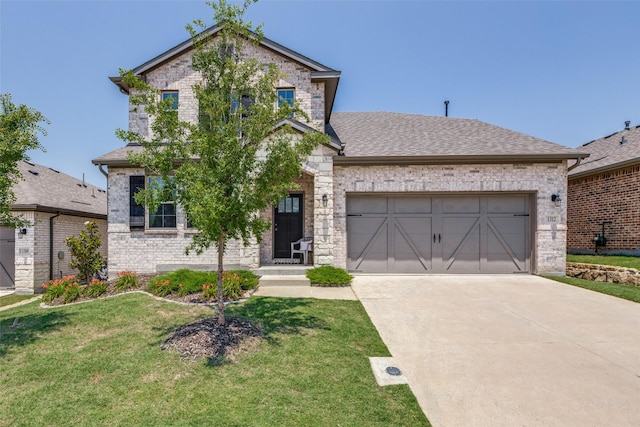 1312 Hutchings Ct, Celina, TX 75009 - french provincial home featuring concrete driveway, brick siding, an attached garage, a front lawn, and roof with shingles