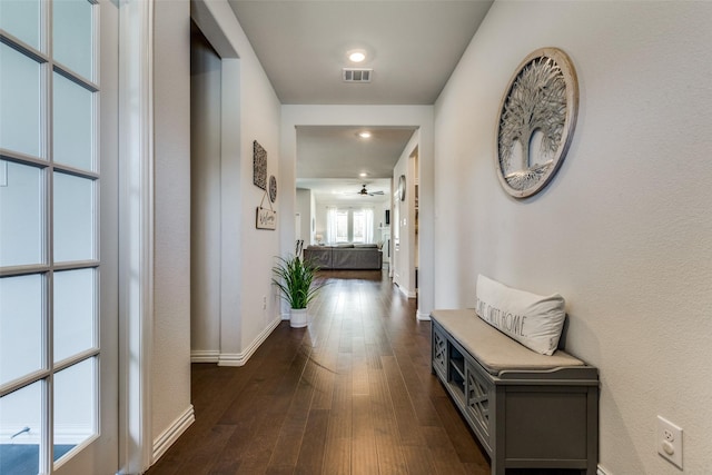 1312 Hutchings Ct, Celina, TX 75009 - hallway featuring baseboards, dark wood-type flooring, and recessed lighting