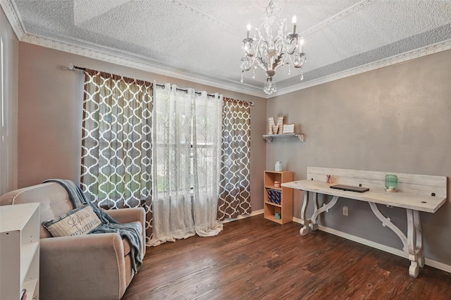 4109 Three Oaks Dr, Arlington, TX 76016 - sitting room featuring wood finished floors, a chandelier, ornamental molding, baseboards, and a textured ceiling
