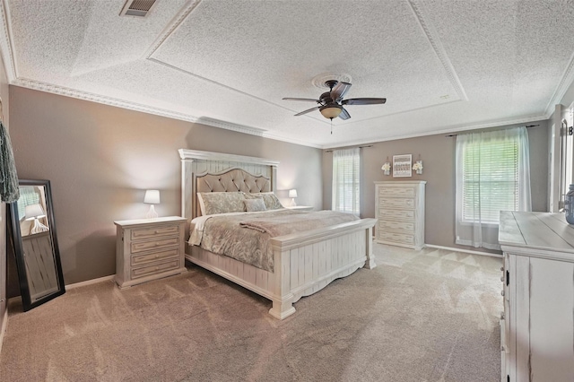 4109 Three Oaks Dr, Arlington, TX 76016 - bedroom with a textured ceiling, light colored carpet, crown molding, baseboards, and ceiling fan
