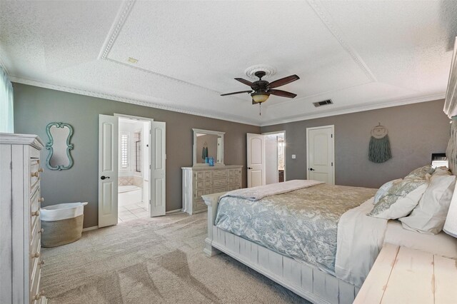 4109 Three Oaks Dr, Arlington, TX 76016 - bedroom with a textured ceiling, light colored carpet, ensuite bathroom, ornamental molding, and a ceiling fan