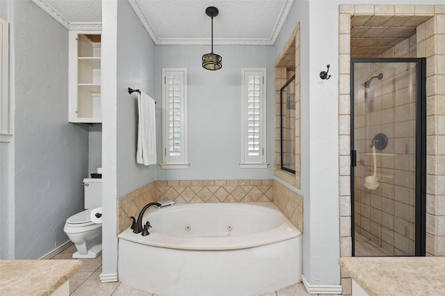 4109 Three Oaks Dr, Arlington, TX 76016 - bathroom with toilet, a whirlpool tub, a shower stall, a textured ceiling, and tile patterned flooring
