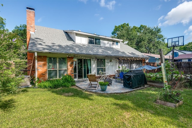 3964 Lost Creek Dr, Dallas, TX 75224 - rear view of property featuring a patio, a garden, a chimney, and a shingled roof